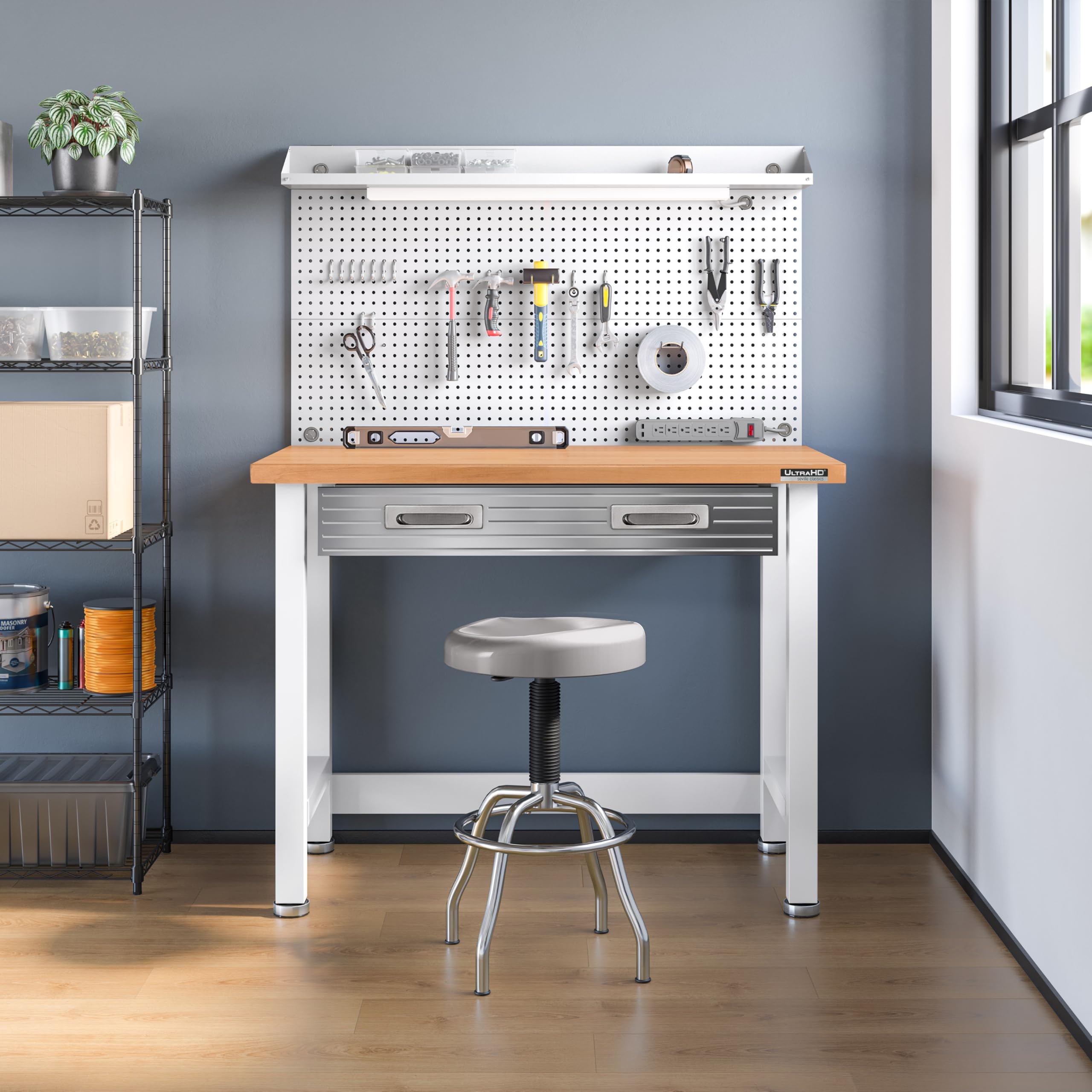 Seville Classics UltraHD Heavy Duty Commercial Lighted Workcenter w/Pegboard, 500 lbs. Weight Capacity for Garage, Warehouse, Workshop, Solid Wood Top, White, 48" W x 24" D x 65.5" H - Image 9