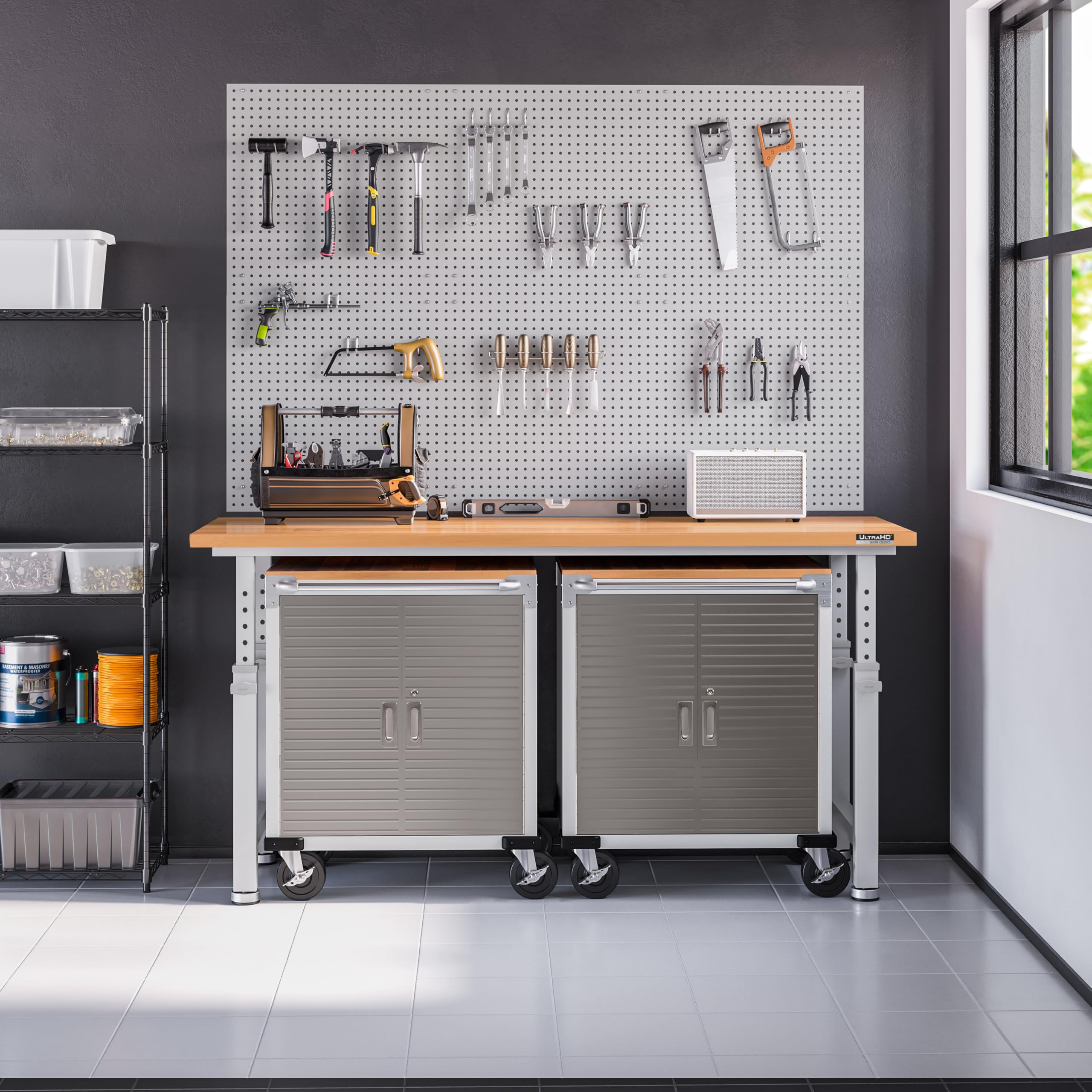 Seville Classics UltraHD Heavy Duty Rolling Cabinet Workbench Table w/Solid Wood Top, Workstation for Garage, Office, Workshop, Granite, 2-Door (28" W x 18" D) - Image 4