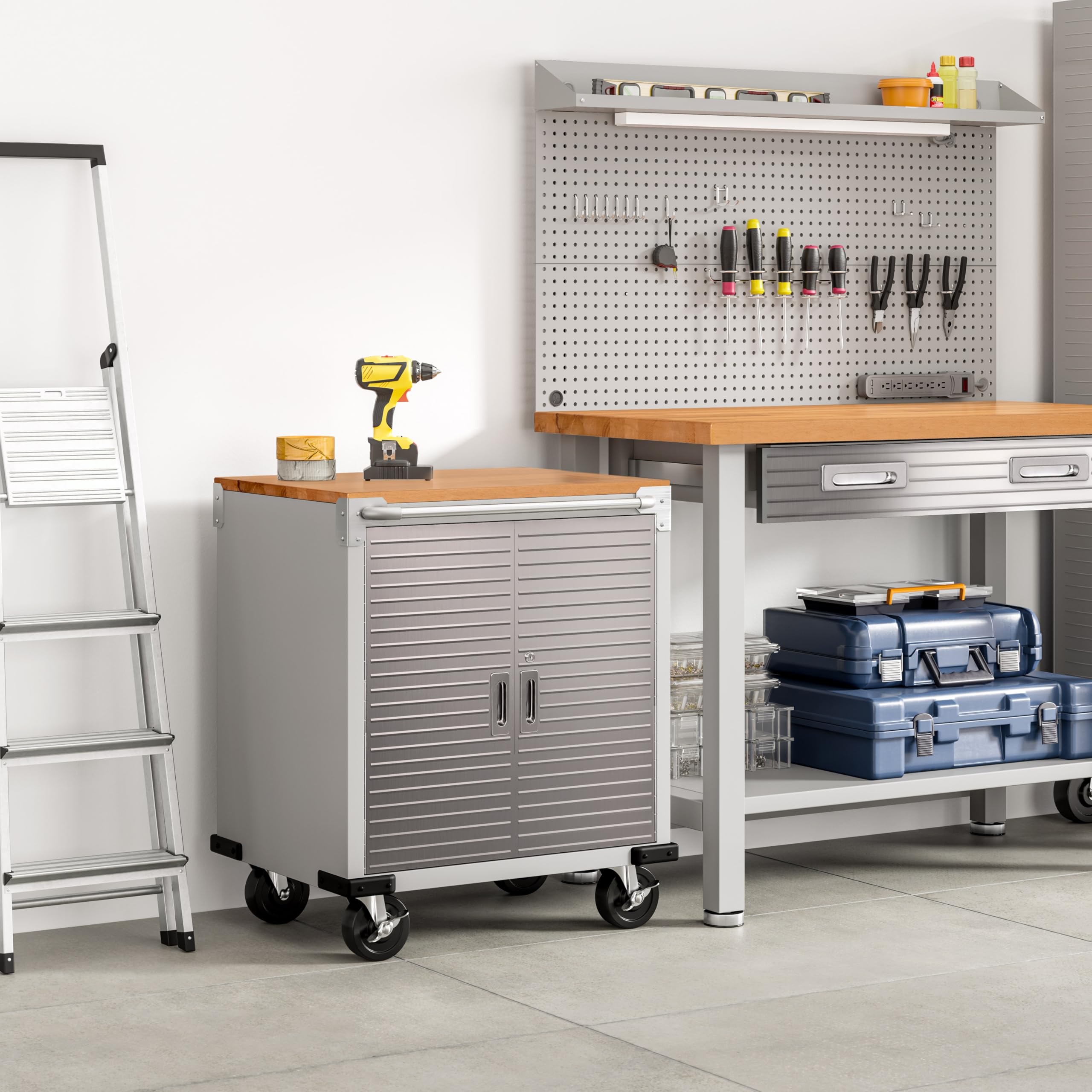 Seville Classics UltraHD Heavy Duty Rolling Cabinet Workbench Table w/Solid Wood Top, Workstation for Garage, Office, Workshop, Granite, 2-Door (28" W x 18" D) - Image 9