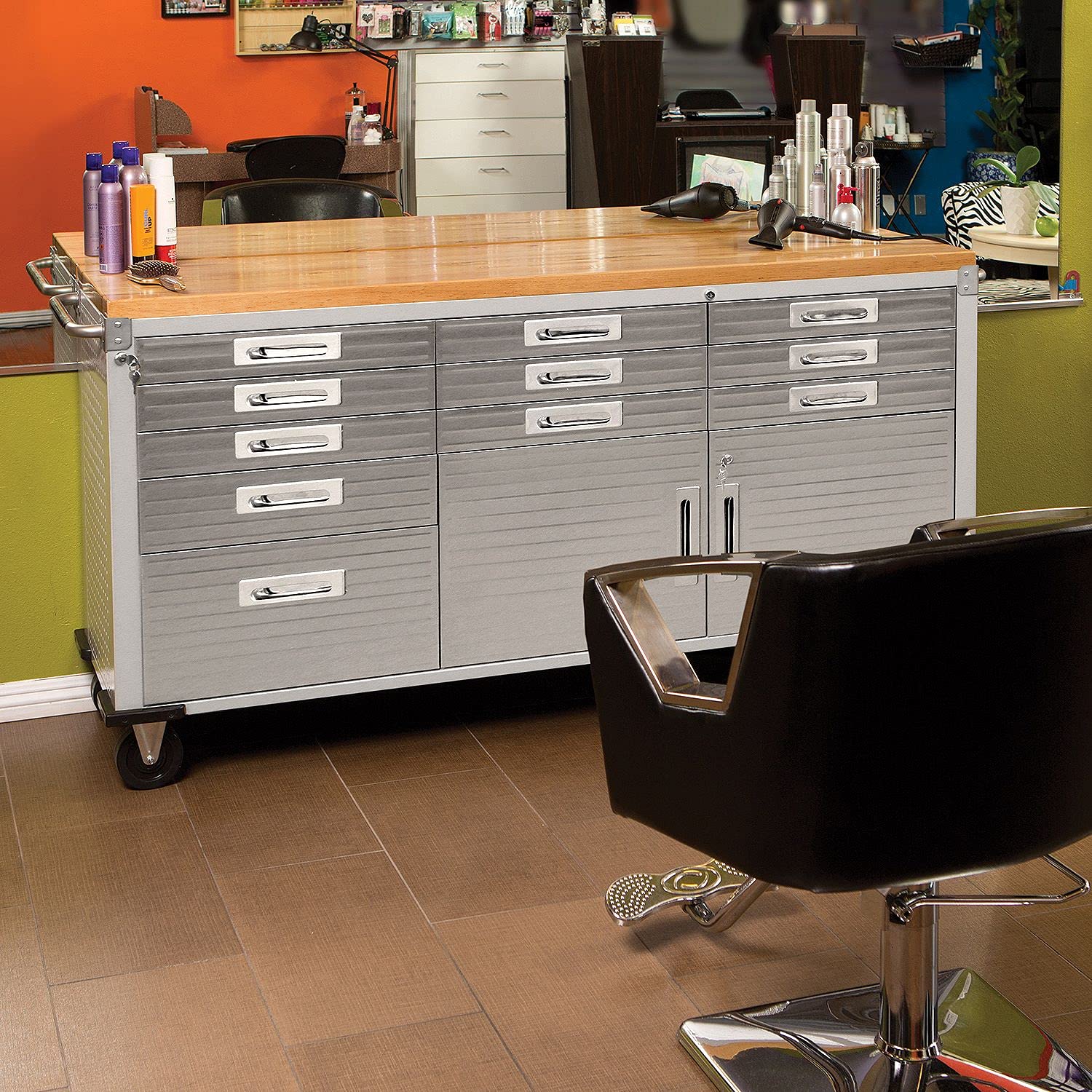 Seville Classics UltraHD Heavy Duty Rolling Cabinet Workbench Table w/Solid Wood Top, Workstation for Garage, Warehouse, Office, Workshop, 77" W x 20" D x 37.5" H, Granite, 11-Drawer - Image 8